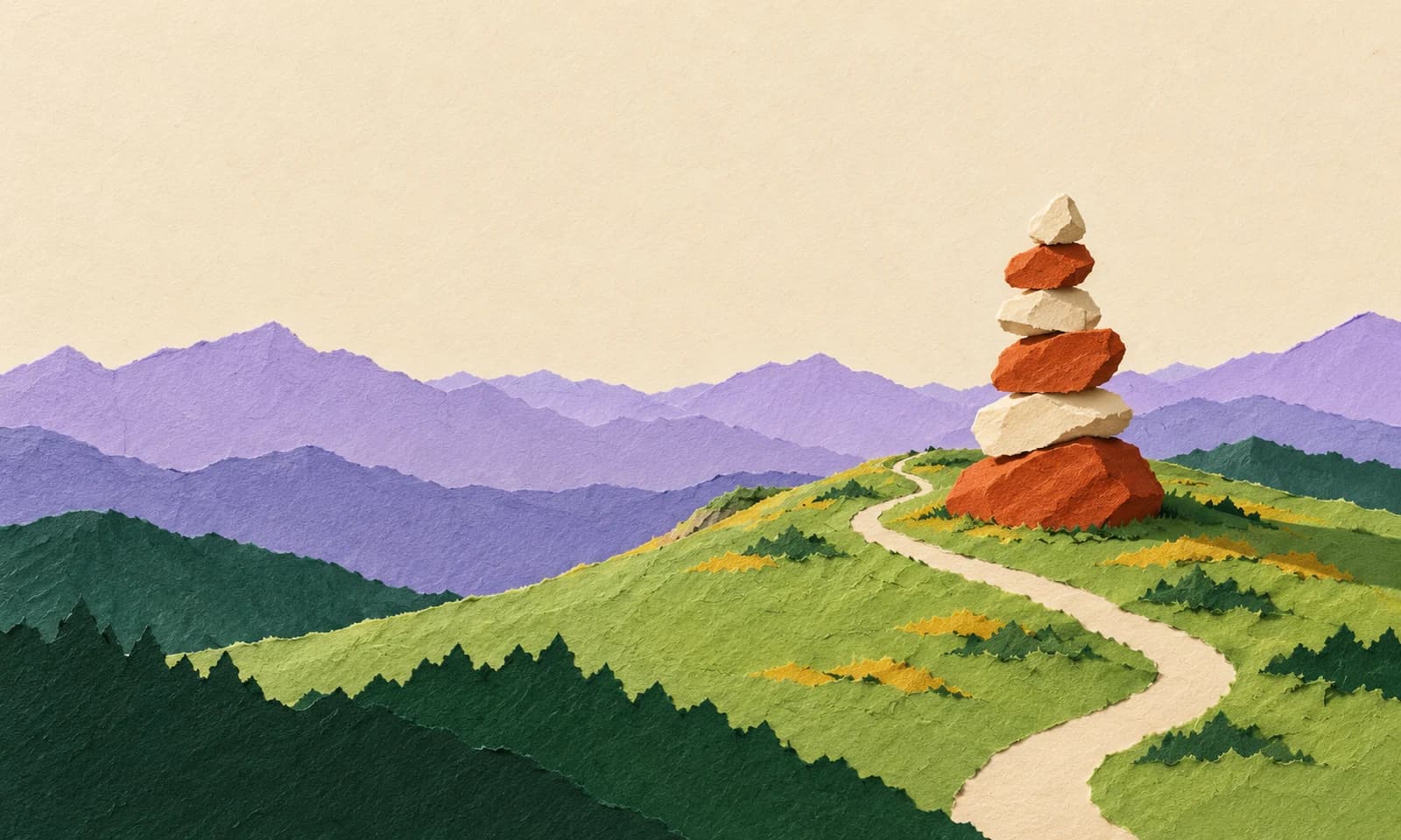 Un cairn de pierres empilées domine un sentier sur une crête herbeuse, devant des montagnes lilas.