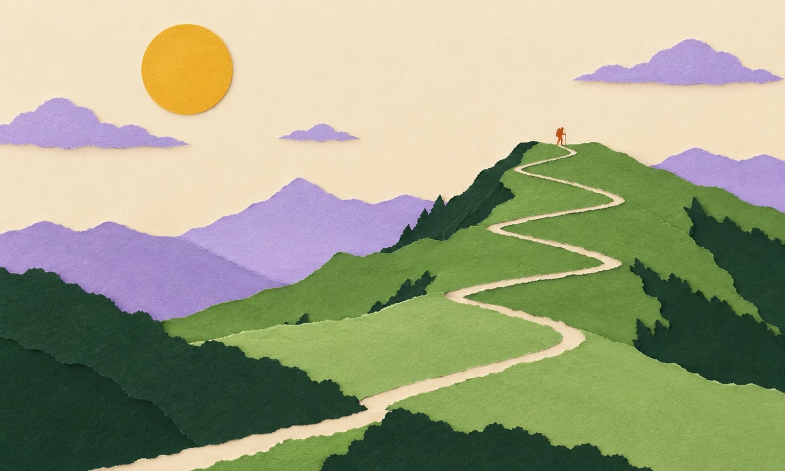Un sentier grimpe en lacets jusqu’à un randonneur minuscule arrivé au sommet, sous un grand soleil.