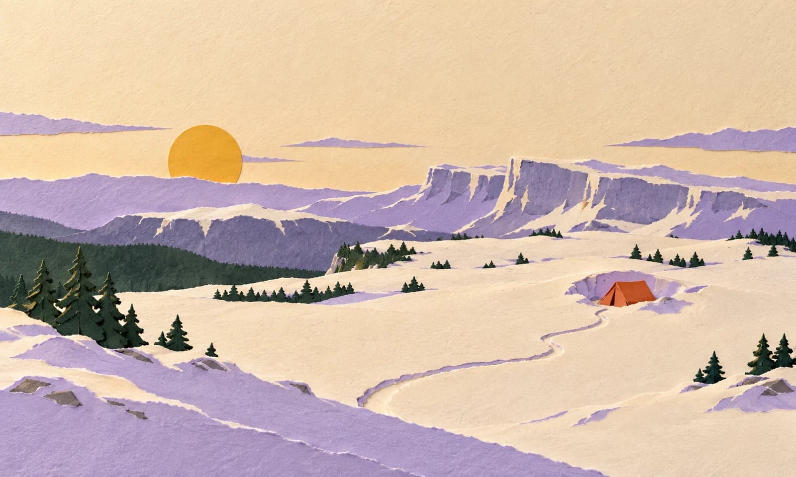 Une tente s’abrite dans la neige d’un plateau bordé de falaises, sous un soleil bas d’hiver.