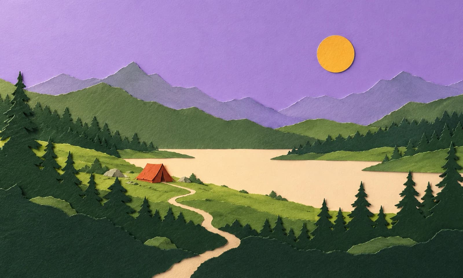 Une petite tente borde un lac entouré de pins, sous une lune moutarde et un ciel lilas.