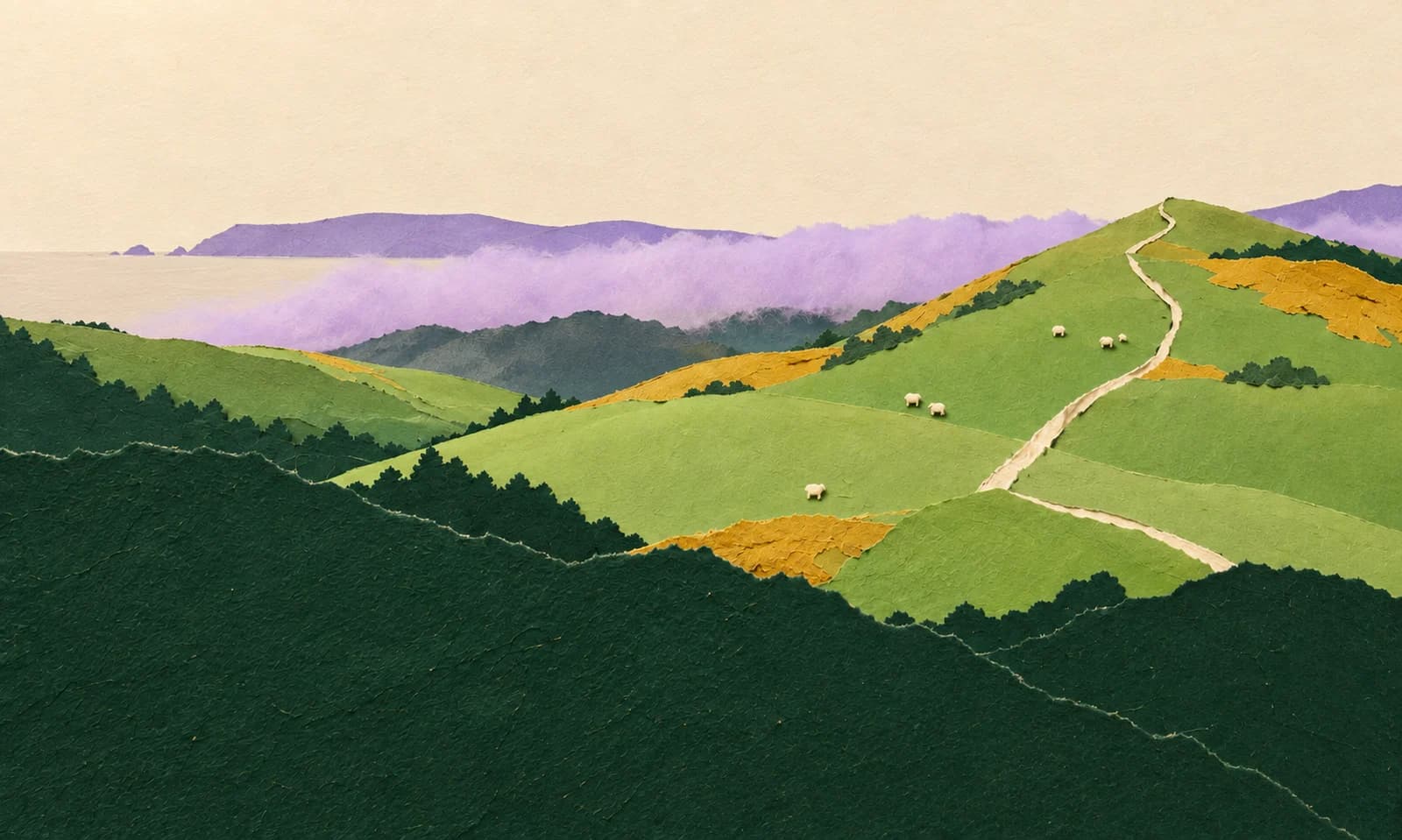 Un sentier monte parmi les moutons des estives pyrénéennes, au-dessus d’une brume lilas et de l’Atlantique.
