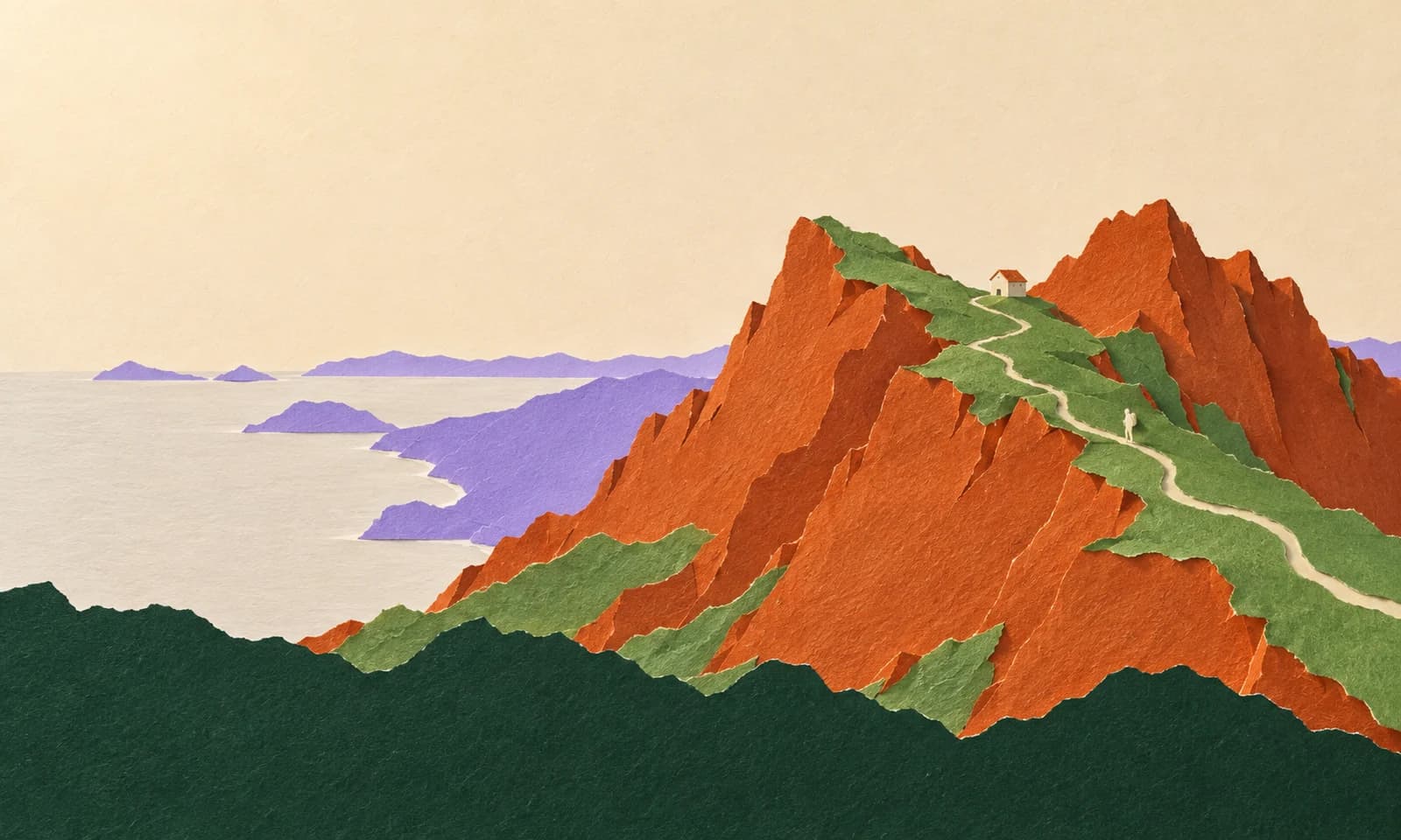 Un sentier parcourt une crête rocheuse rouille jusqu’à un refuge minuscule, au-dessus de la mer.