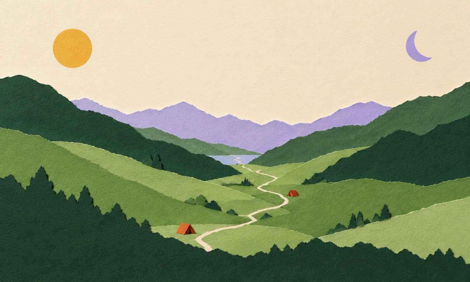 Deux petites tentes jalonnent un sentier dans une vallée verte, entre un soleil du matin et un croissant de lune.