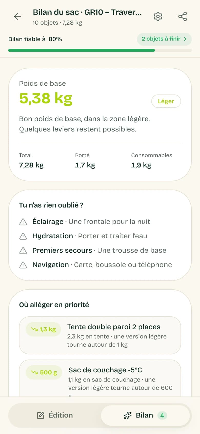 Interface Kodogui : liste de matériel de trek avec poids et catégories